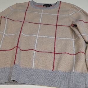 Tahari Tan and Gray Crewneck Sweater with Red Lines